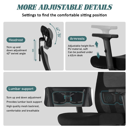 Durrafy Ergonomischer Bürostuhl, Schreibtischstuhl mit verstellbarer Kopfstütze, Armlehnen und Lordosenstütze, Netzdrehstühle, Schwarz
