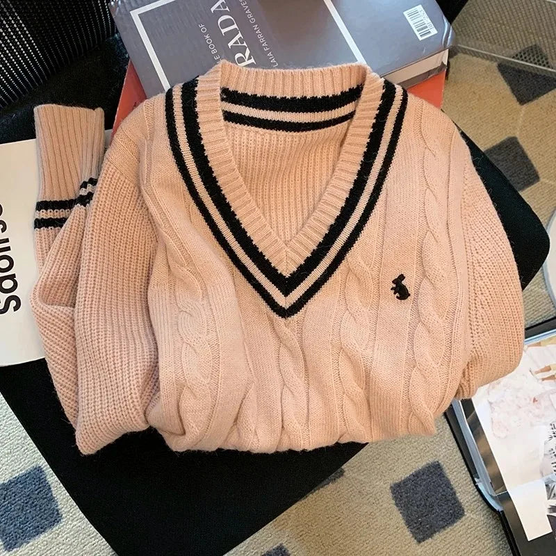 Koreanische Mode Pullover Frauen Herbst V-ausschnitt Y2K Cartoon Stickerei Gestrickte Tops Winter Weiche Grundlegende Langarm Pullover.