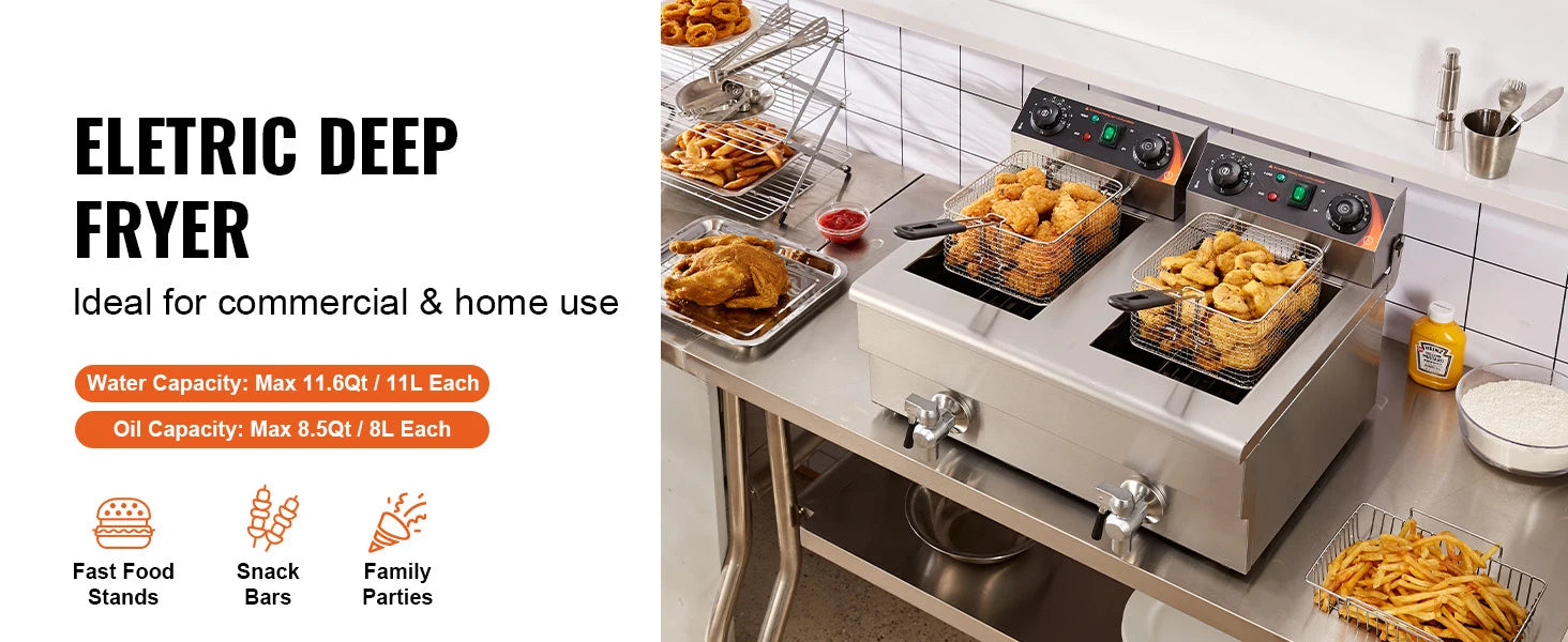 SucceBuy 12L Commercial Electric Deep Fryer w/Dual Tanks 3000W  Stainless Steel Countertop Fryer for Fried Chicken French Fries.