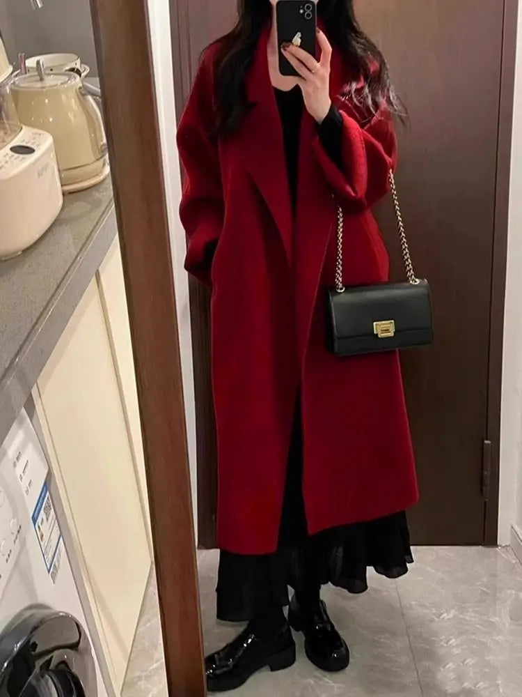 Mode Schwarz Lange Woolen Mantel Mit Gürtel Frauen Lose Revers Mantel Herbst Winter Warme Dame Oberbekleidung High Street.