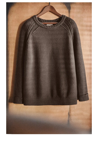 Maden New Vintage Heavyweight Knitted Crew-neck Sweater Brown Warm Pullover Men's Versatile Top for Autumn and Winter Knitwear.