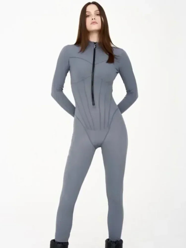 Elegant Women Zip-up O-neck Long Sleeve Jumpsuit Streetwear 2025 Summer Autumn Female Overalls One Piece Fitness Sports Bodysuit.