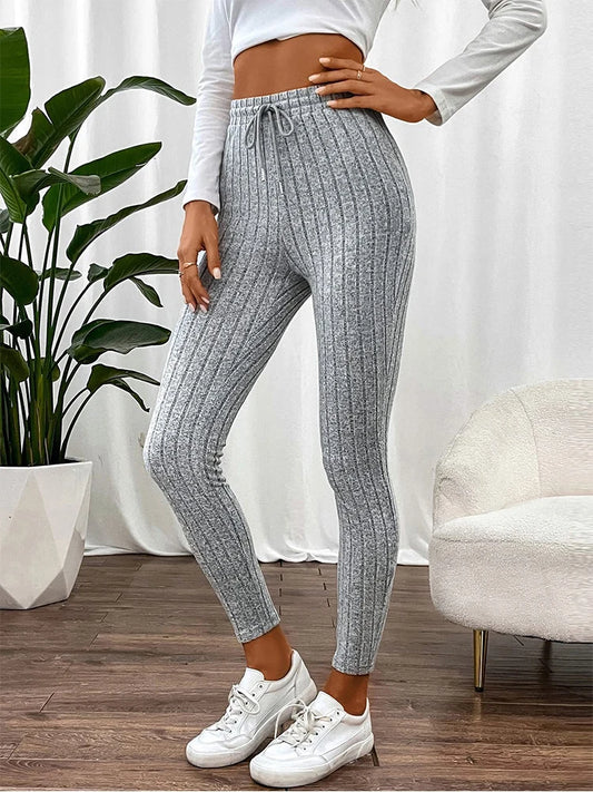 Lässige, dehnbare Damen-Leggings mit Kordelzug für jeden Tag, hohe Taille, einfarbig, atmungsaktiv, Sport-Leggings, weich, bequem