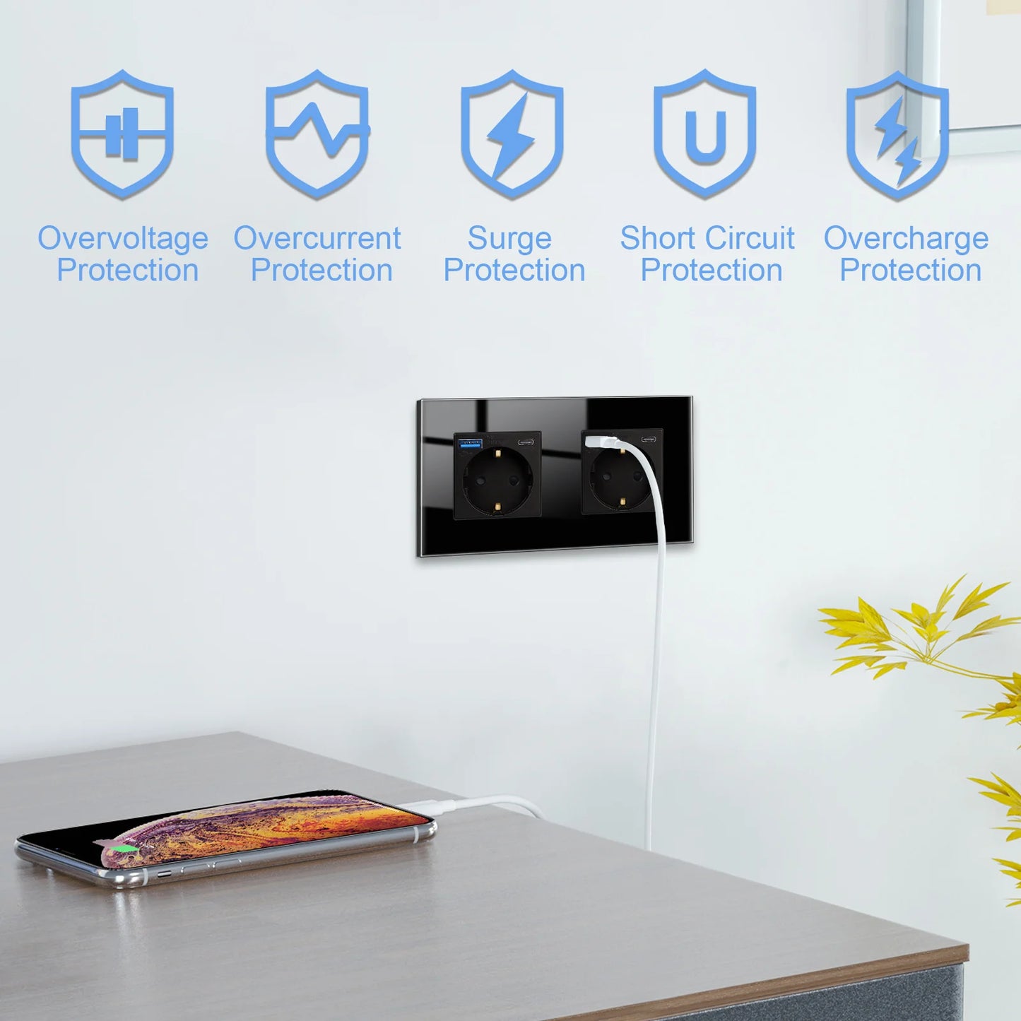 Bingoelec Wandsteckdose, Touch-Lichtschalter mit USB, 20 W, Typ C, Schnellladesteckdose, Glasscheibe, EU-Standard-Steckdosen.