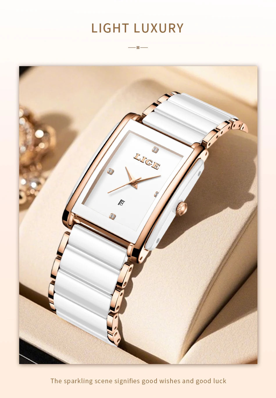 LIGE Fashion Square Quartz Woman Watches Ceramics Elegant Simple Diamond Auto Date Romantic Birthday Gift Leisure Wristwatch New.