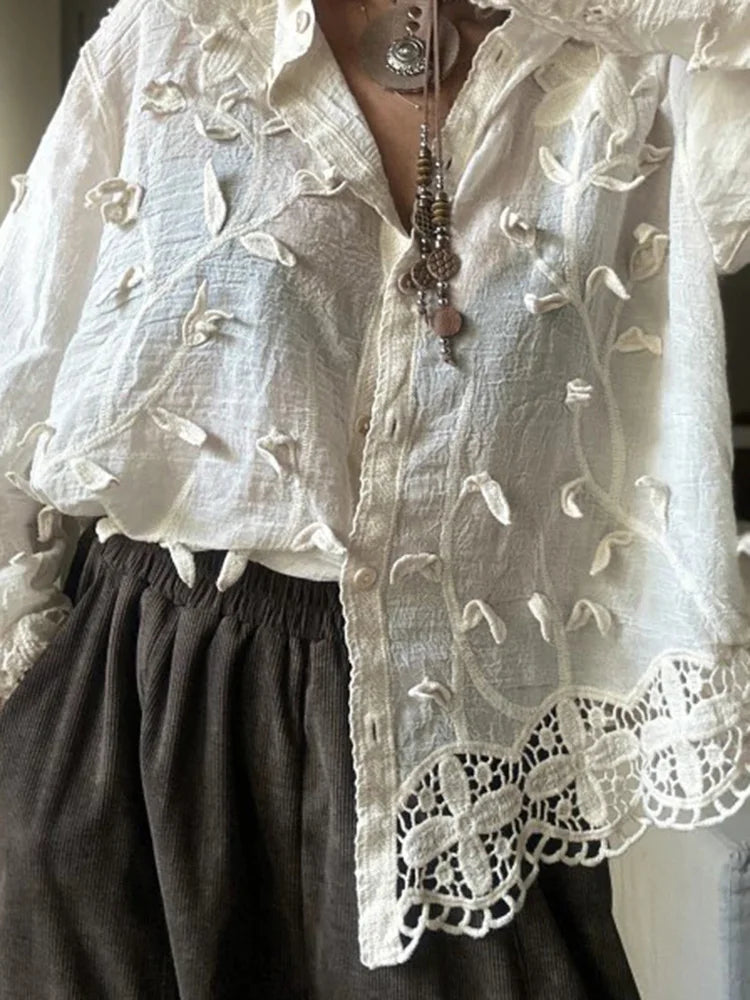 Casual Solid Color Long Sleeve Vacation Shirts Elegant Lapel Floral Hollow Out Blouse Fashion Women Single Breasted Commute Tops.