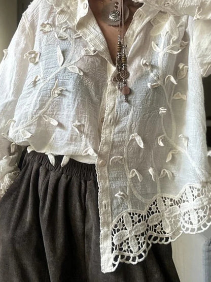 Casual Solid Color Long Sleeve Vacation Shirts Elegant Lapel Floral Hollow Out Blouse Fashion Women Single Breasted Commute Tops.