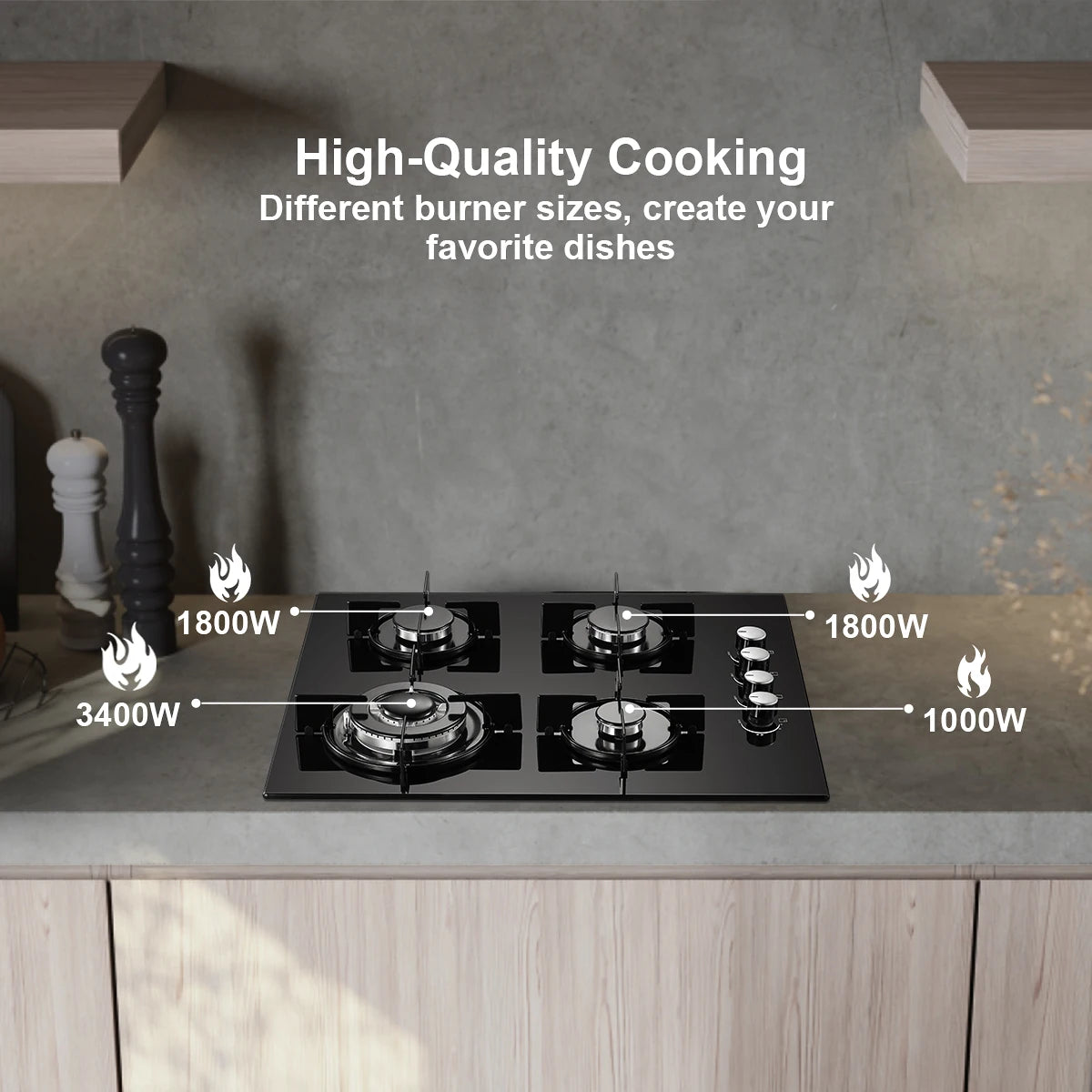 60cm Gas Hob 4 Burners 8000W Dual Fuel (Natural Gas/Propane) Auto Flame Protection Tempered Glass Built-in/Freestanding 220-240V.