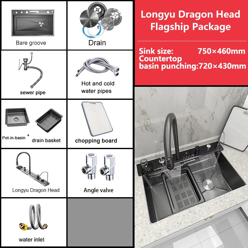 Küchenspüle, Wasserfallspüle aus Edelstahl, Digitalanzeige, große Einzelschüssel mit Multifunktions-Wasserfall-Wasserhahn, Waschbecken