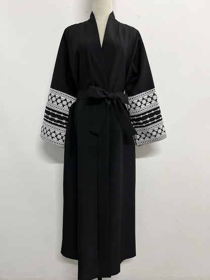 Ramadan Eid Black Open Kimono Abaya with Sashes Damen Dubai Islam Muslim Dress Kaftan Prayer Clothes Women Kebaya Robe Femme