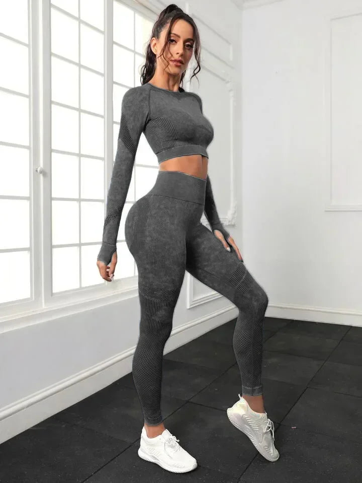 2 Piece Acid Wash Gym Set Women Seamless Long Sleeve Leggings Tracksuit Sports Fitness Suit Scrunch Workout Clothes Yoga Outfits.