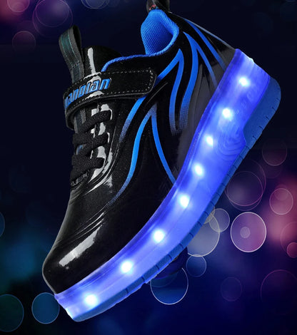 YUNICUS Led Light Boys Girls Shoe USB Charging Black Two Wheels Luminous Sneakers Roller Skate Shoes for Children Kids Led Shoes.