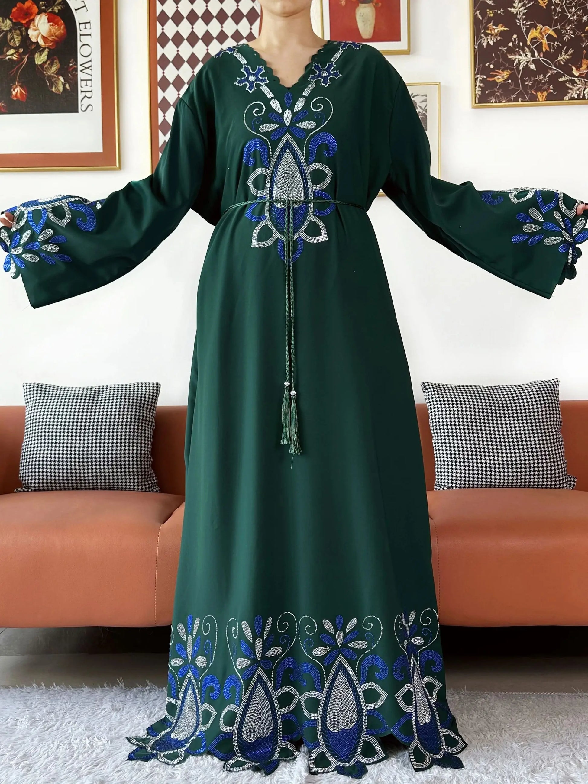 New 2025 Muslim Party Women Abaya Chiffon Diamond Long Sleeve Casual Clothing African Abaya Women Robe Dubai Turkey Islamic Robe.