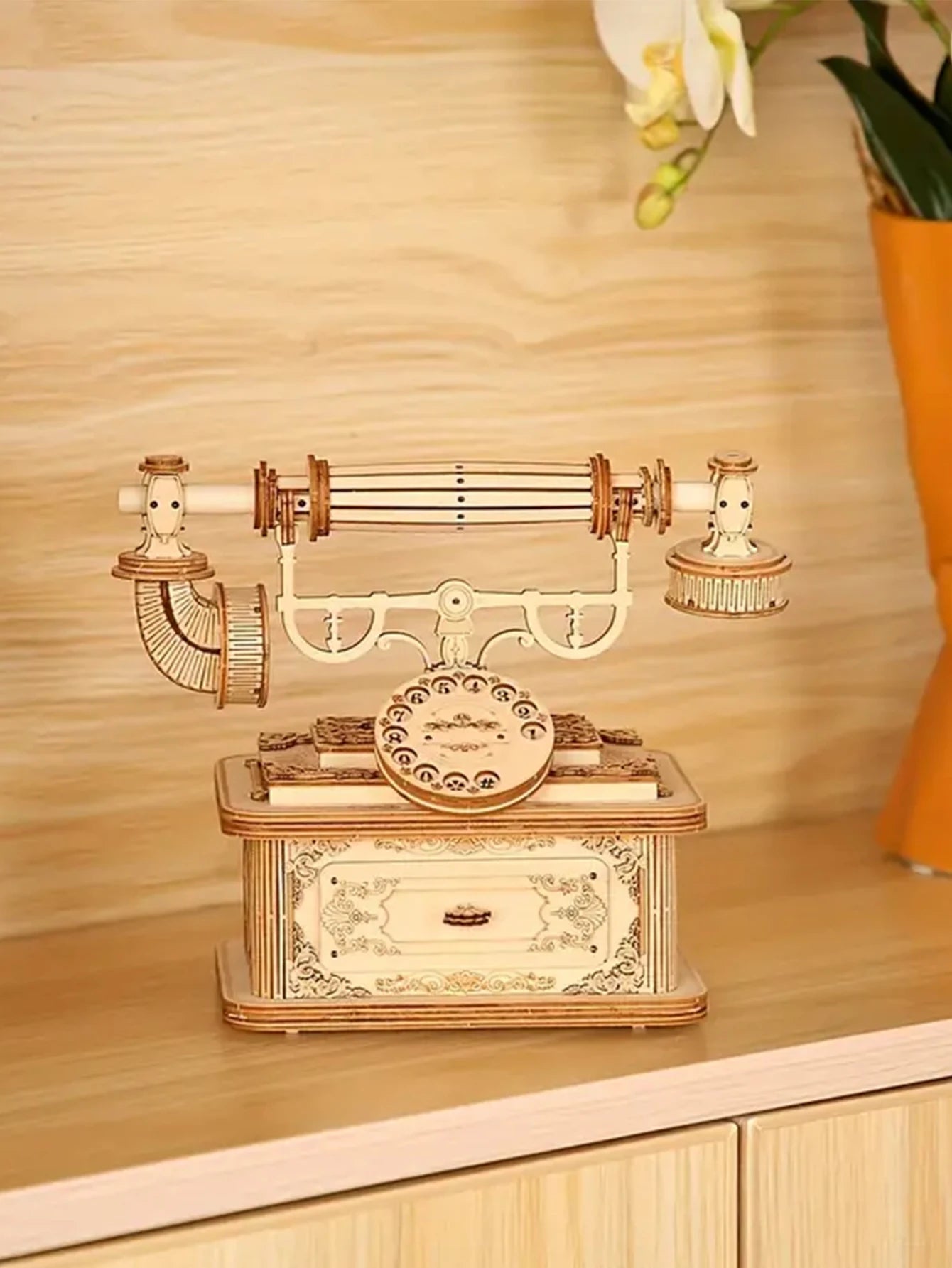 Creative Retro Telephone 3D Wooden Puzzle for Adults Tabletop Model Kits Decoration and Gift for Christmas Birthday.