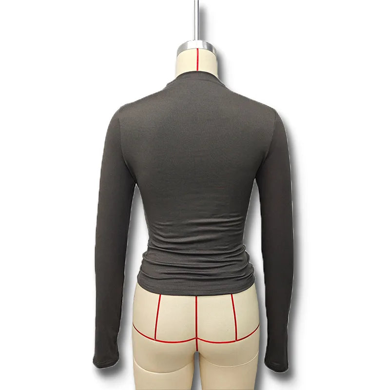 Solid Color High Neck Elegant  Tops For Woman Fashion Chic Pleated Long Sleeves Slim Shirt Spring Autumn Ladies Sexy Blouses