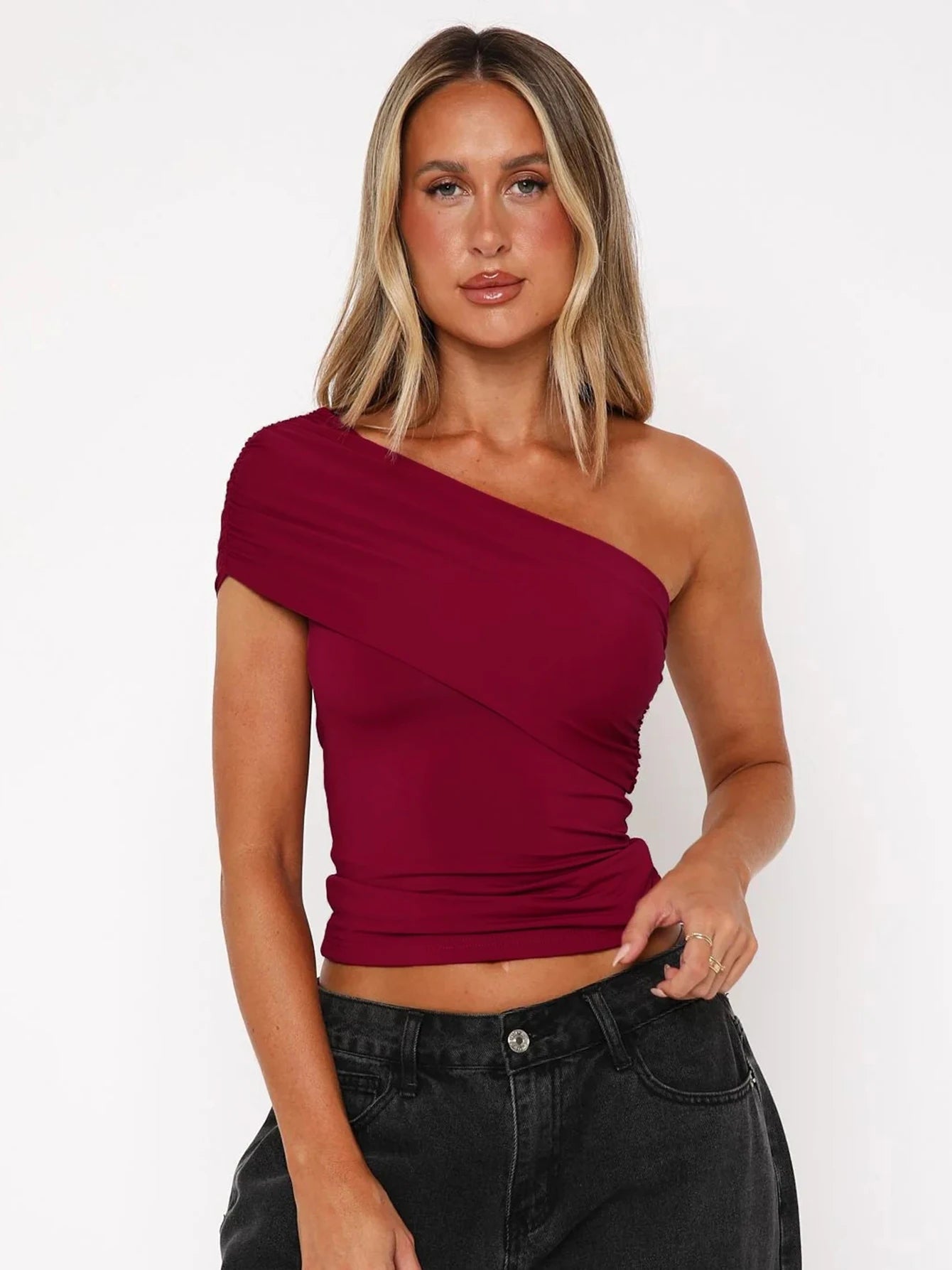 Dulzura One Shoulder Sleeveless Ruched Backless Bodycon Tank Top Women'S Solid Sexy Elegant Y2K Top Party Clubwear Summer Outfit.