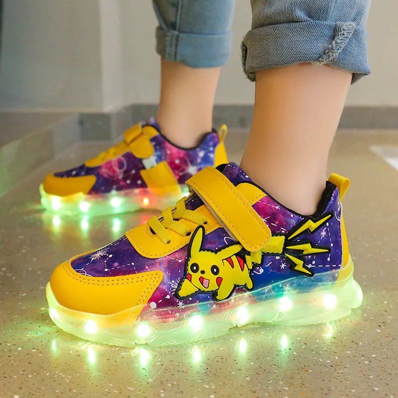 Disney Children's Casual Shoes LED Rechargeable Luminescent Shoes  Cartoon Princess Elsa Girls Pink Sports Sneakers Size 26-35.