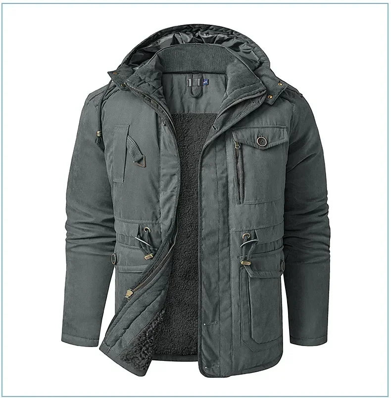 Men's Jacket WINTER USA SIZE Large SIZE Lamb Fleece JACKETS Hooded Cotton Thickened Multi Pocket Casual Mid length Coat