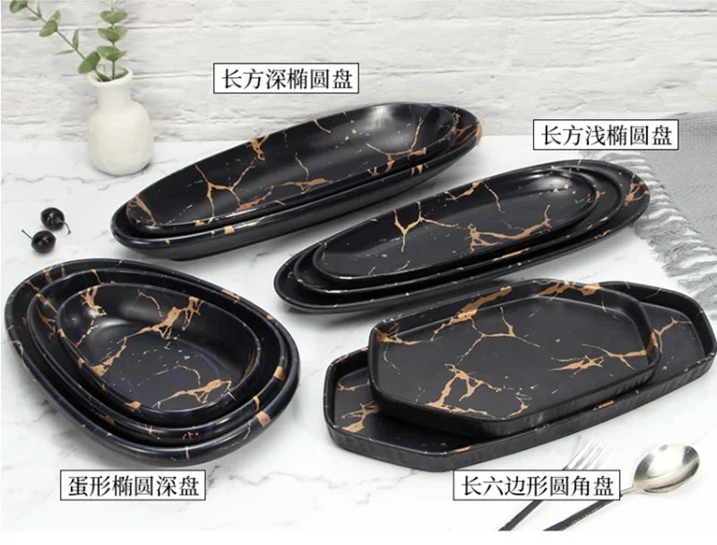 Marble Texture Imitation Melamine Plate BBQ Tableware Cake Fruits plates Snack Tray Outdoor Party Dishes Steak.