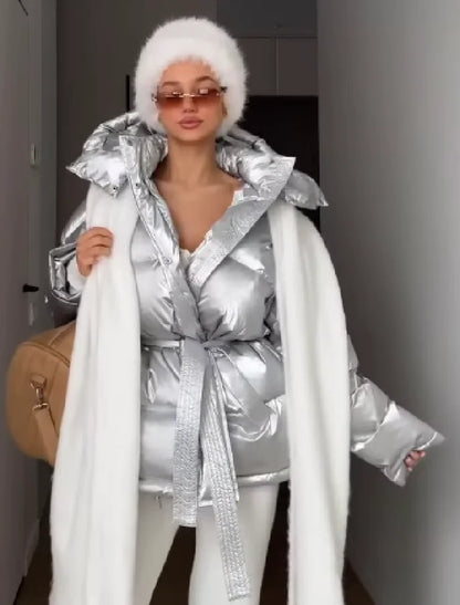 Frauen Glänzend Herbst Winter Mit Kapuze Baumwolle Gefütterte Jacke Lose Lange Hülse Spitze Up Warme Mantel 2025, Neue Dame Mode Party outwear