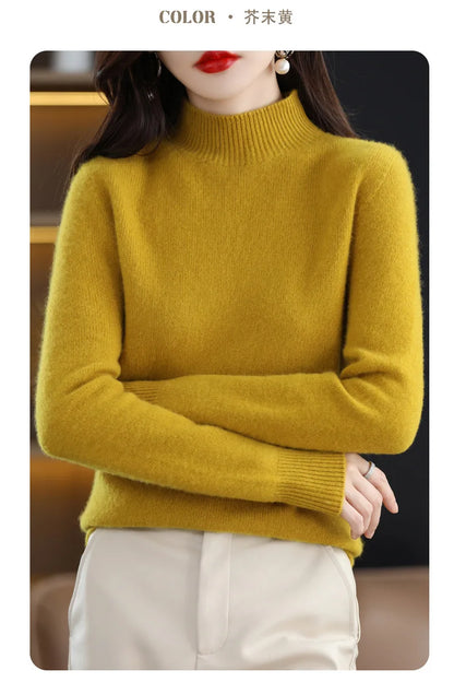 Herbst Winter Frauen Pullover Koreanische Mode Warme Bodenbildung Shirts Halb Hohe Kragen Grundlegende Strickwaren Solide Langarm Pullover