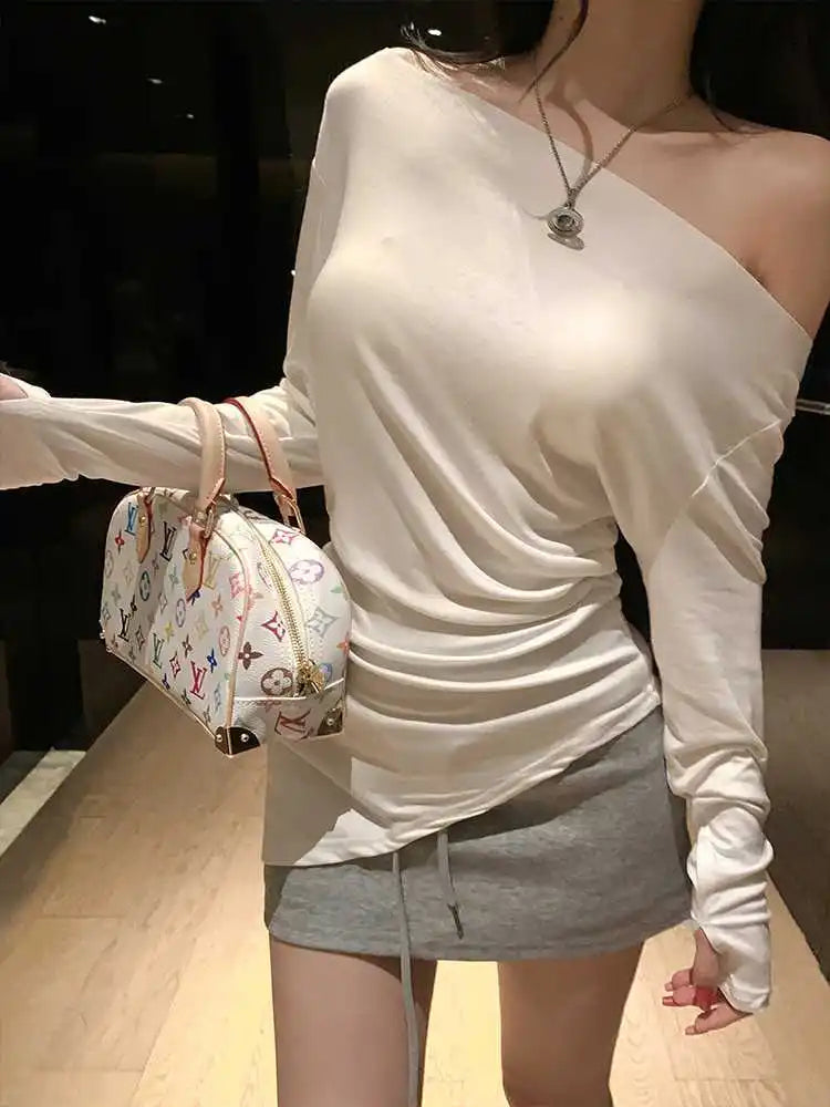 Sexy Long Sleeve T-Shirt Shoulder Bared Waist Cinched Slim Fit Knitted Cotton Solid Color Casual Urban Style for Early Autumn.