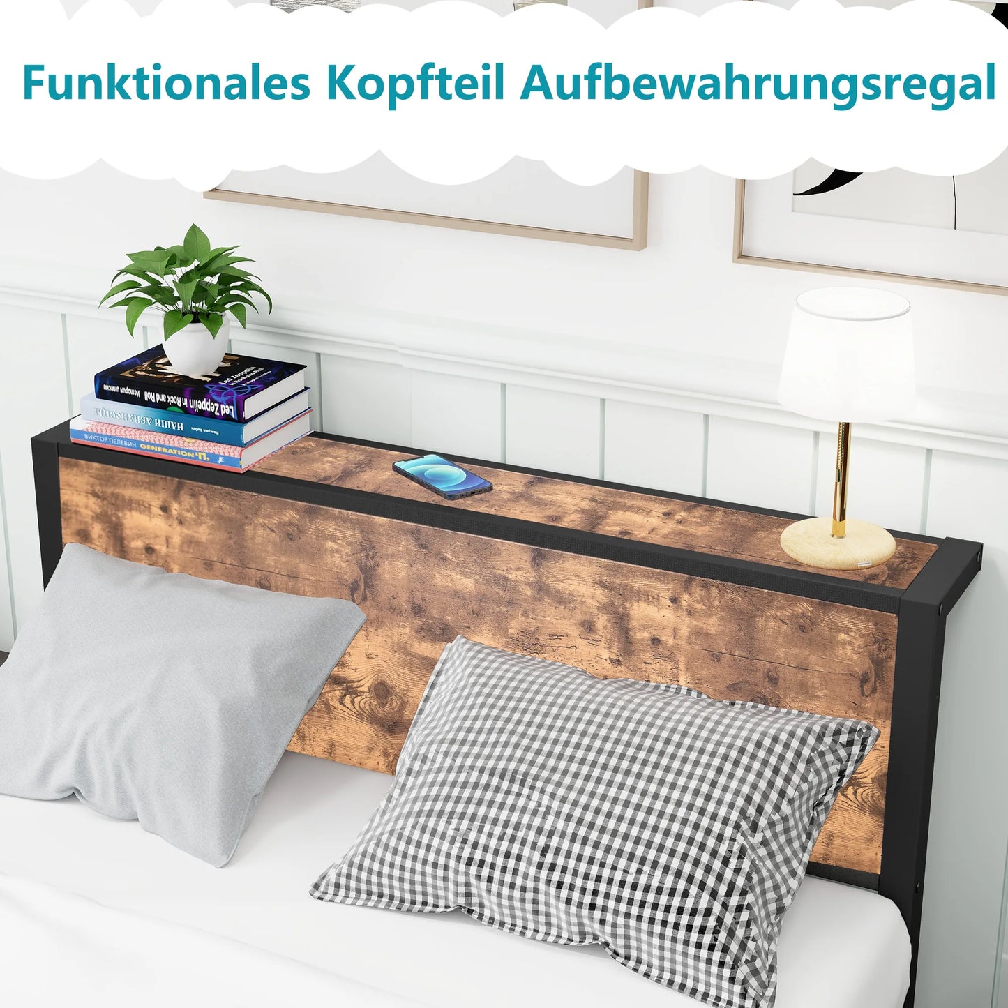 120x200 cm Metallrahmen mit Stauraumkopf, Einzelbettrahmen mit Metallplattform, geräuschfrei, kein Boxspring erforderlich, Vintage-Braun