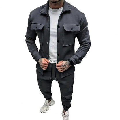 Men Two-piece Suit Set Winter Thick Warm Casual Suit Outfit Long Sleeve Coat Long Trousers Set Fashion Men's Activewear Outwear