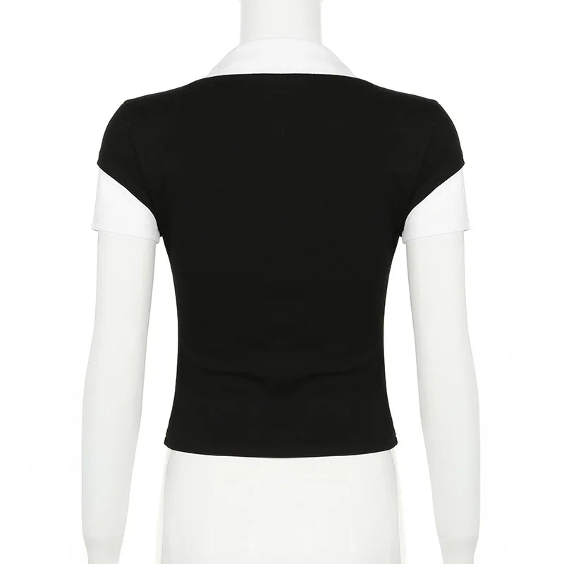Women's Short Sleeve T-Shirt, Slim, Turn-Down Collar, Preppy Style, Patchwork, Casual, Summer Fashion, Fake 2 Piece, 2024.