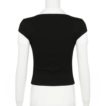 Women's Short Sleeve T-Shirt, Slim, Turn-Down Collar, Preppy Style, Patchwork, Casual, Summer Fashion, Fake 2 Piece, 2024.