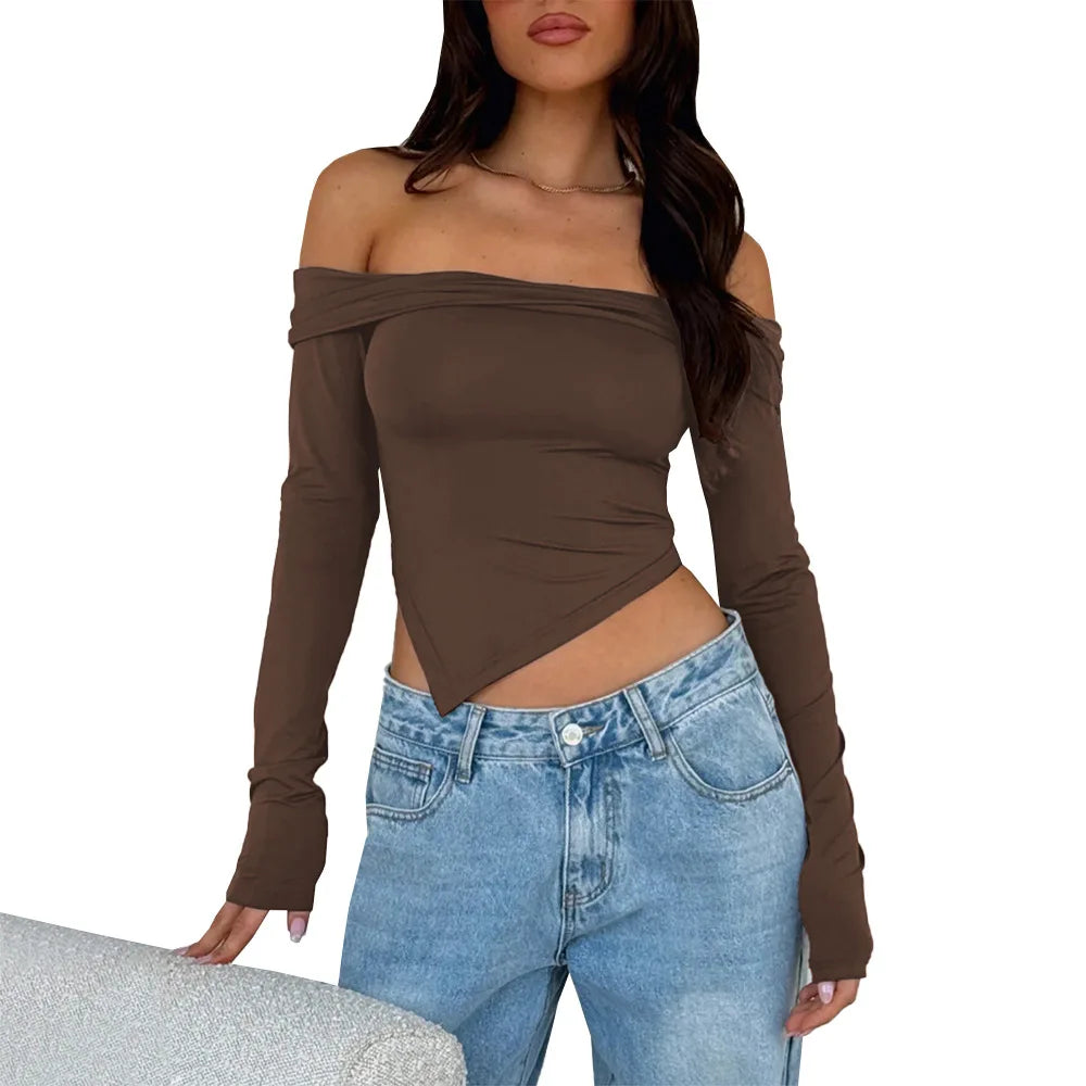 Hot-selling women's T-shirt with a unique and trendy style, a one-shoulder off-the-shoulder short, long-sleeved, solid-color top.