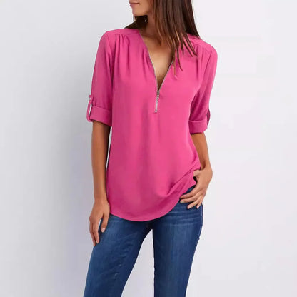 2024 Quality HotSale Plus Size Deep V Neck Women Blouse Chiffon Cool Loose Shirt Fashion Casual Ladies Tops Sexy Zipper Pullover.