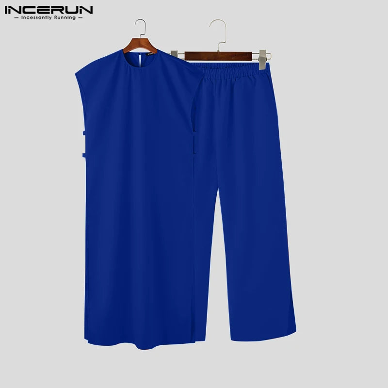 INCERUN Men Sets Muslim Clothing Saudi Arabia Solid O-neck Sleeveless Kaftan Jubba Thobe & Pants 2PCS 2024 Islamic Men's Suits.