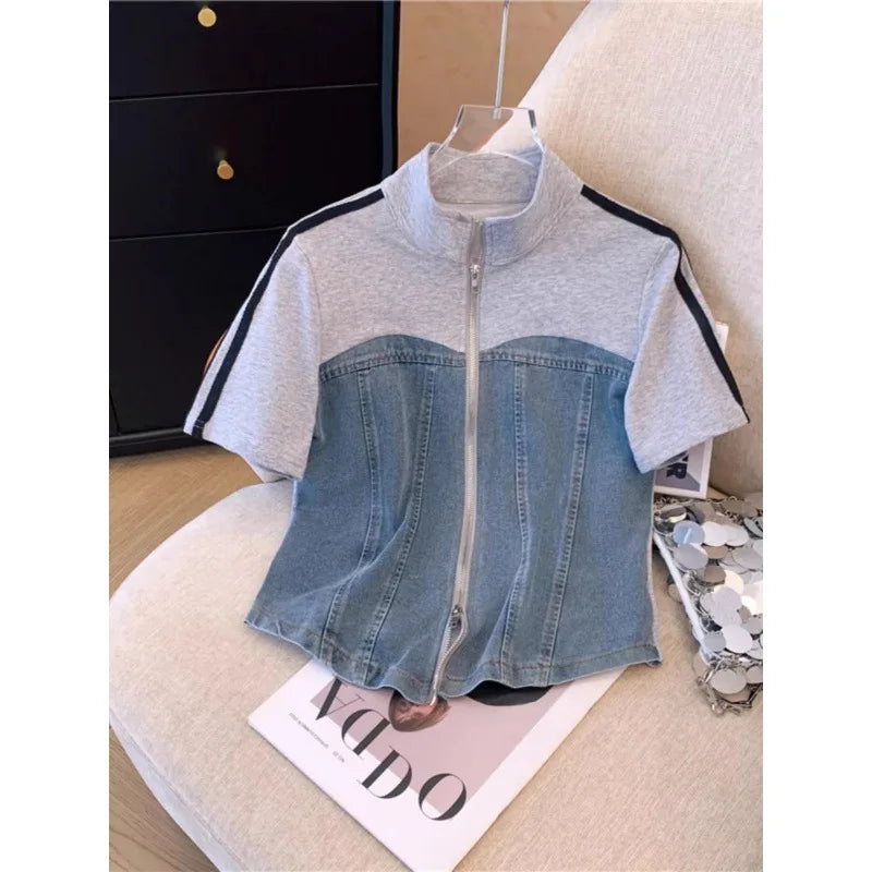 Pant Set Women Two Piece Sets Denim Splice Zipper Matching Sets Casual Coats Wide Leg Long Pants Lace Up Elastic Waist 2025.