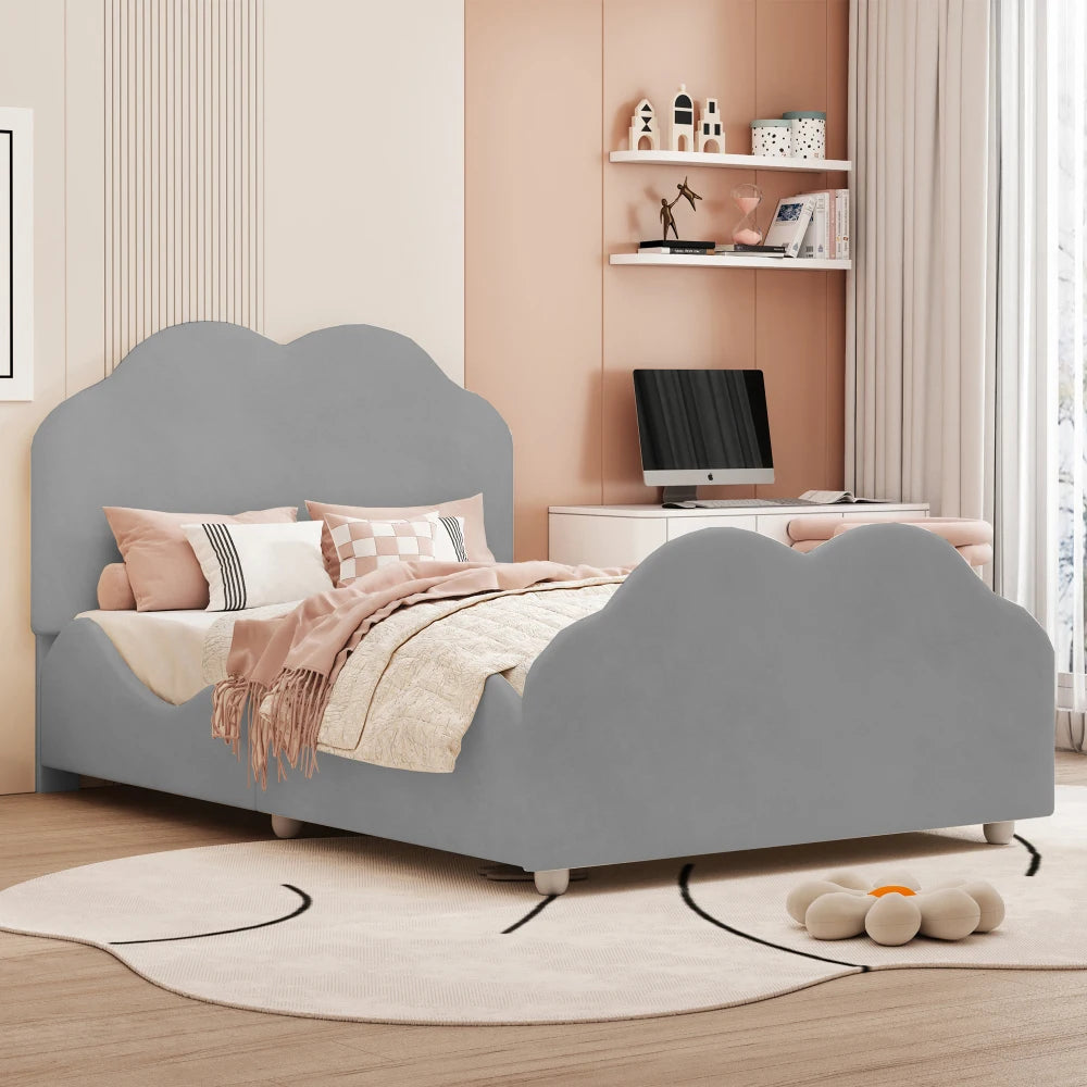 Kinderbett 90 x 200 cm hohes Geländer, Kinderbettgestell mit wolkenförmigem Kopf und Fußteil, Bett aus hautfreundlichem Samt