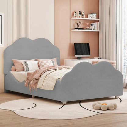 Kinderbett 90 x 200 cm hohes Geländer, Kinderbettgestell mit wolkenförmigem Kopf und Fußteil, Bett aus hautfreundlichem Samt