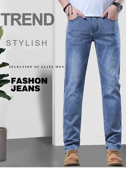Spring Men's Light Blue Slim Jeans Stylish Casual Stretch Fabric Denim Pants Classic Trousers Smoke Gray.