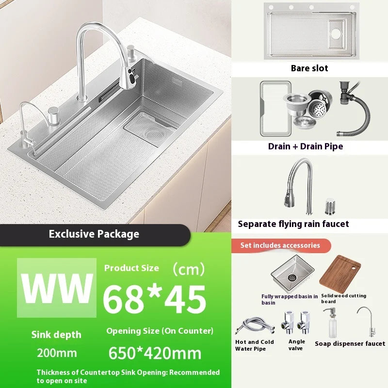 Stainless Steel Waterfall Kitchen Sink Multifunctional Scratch Resistant Wash Vegetables Basin Household Large Single Slot