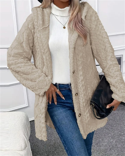 Women Cardigan Hoodie Jacket Autumn Winter Argyle Textured Pattern Hooded Irregular Hem Buttons Fleece Oversized Outerwear Coat