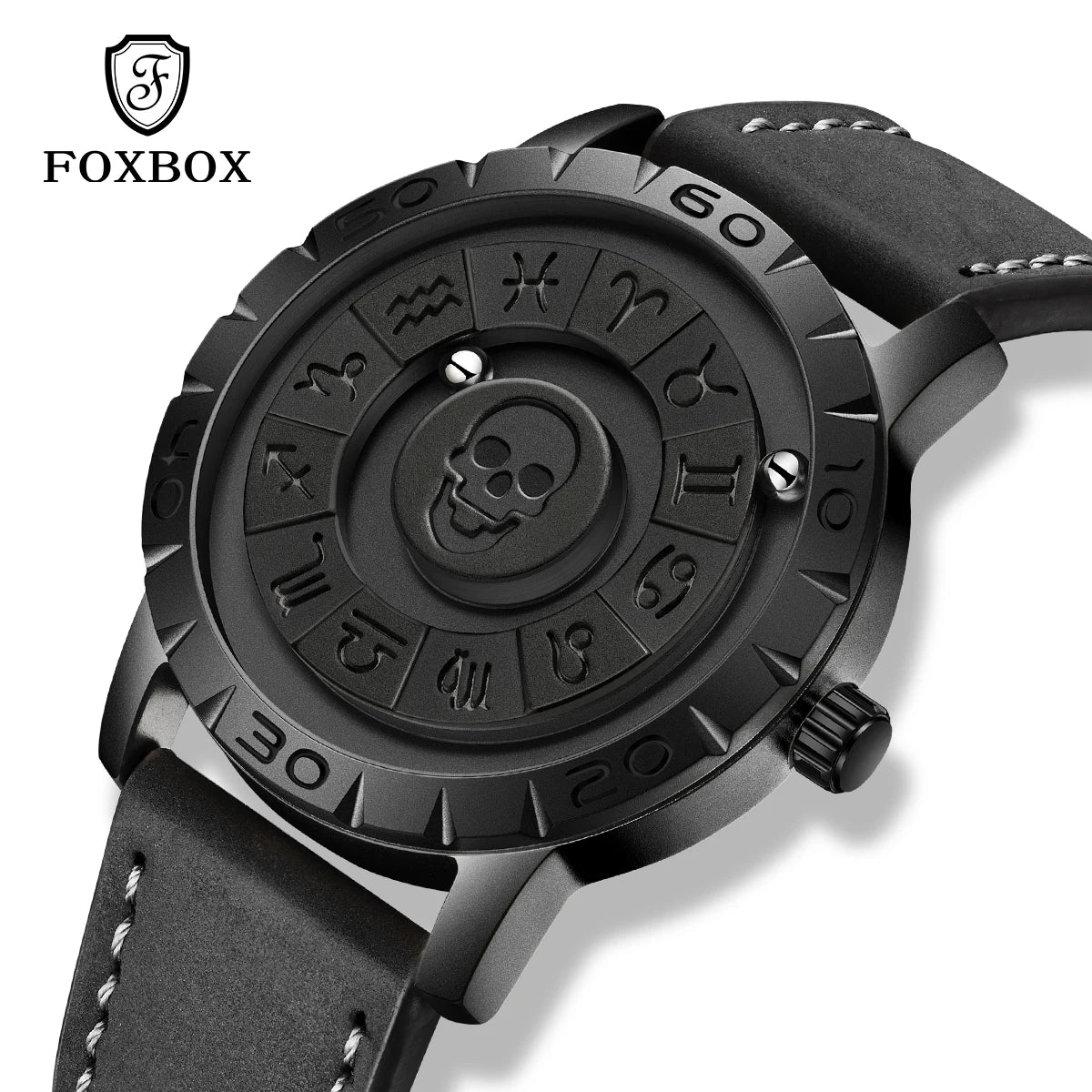 LIGE FOXBOX Unique Design Quartz Man Watch Simple Fashion Leather Belt Casual Sports Magnetic Srolling Beads Skull Men's Watches.