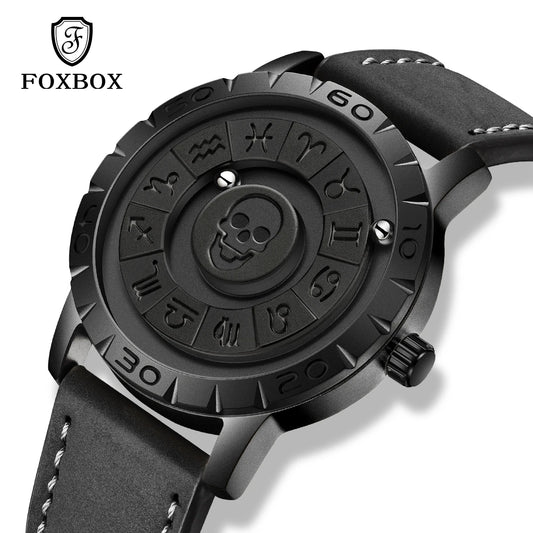 LIGE FOXBOX Unique Design Quartz Man Watch Simple Fashion Leather Belt Casual Sports Magnetic Srolling Beads Skull Men's Watches.