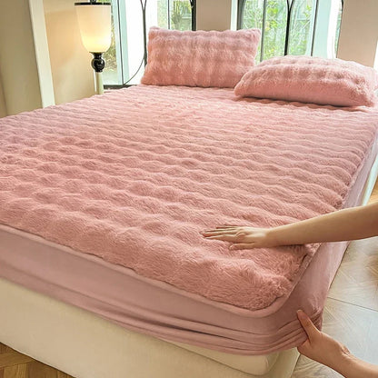 Fluffy Plush Fitted Bed Sheet Solid Color Long Hair Fleece Bed Cover For Double Bed fundas de colchón Winter Warm Mattress Cover.
