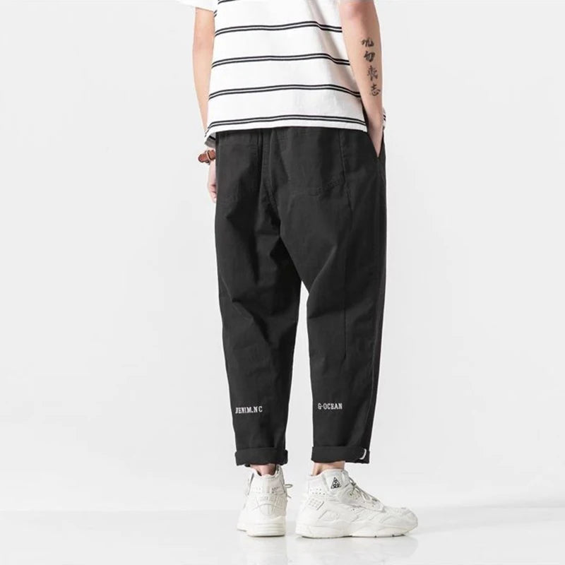 100% Cotton Casual Summer Pants With Belt Men Straight Baggy Ankle-Length Cargo Trousers Wide Leg Sweatpants Male Streetwear.
