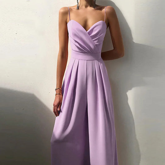 New Spaghetti Strap Slim High Waist Jumpsuits Fashion Ladies Solid Color Office Wide Leg Rompers Elegant Pleated Simple Playsuit.