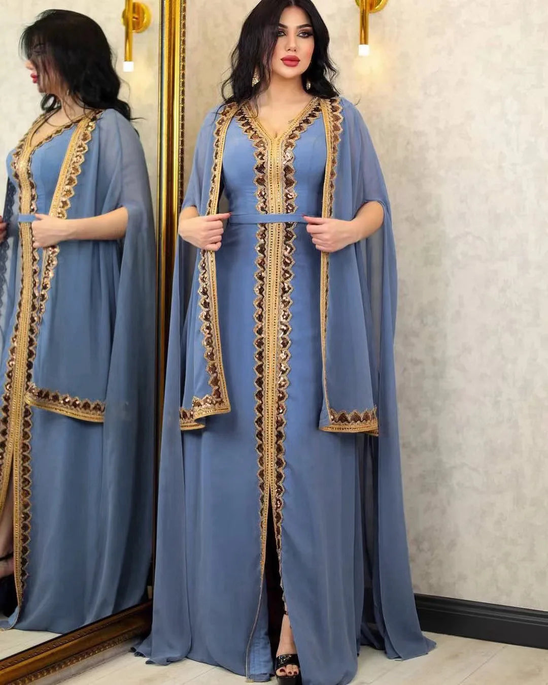 Elegant Muslim Abaya for Women Dress 2 Piece Set Chiffon Cloak Caftan Indian Party Dresses Sequins Kinono Robe Vestidos Abayas.
