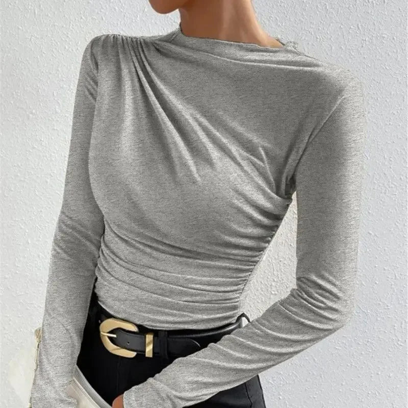 New Pure Color Folded High Collar Slim Fit Long Sleeve T-Shirt Grey Autumn Winter Versatile Design Base Layer Women's Top.