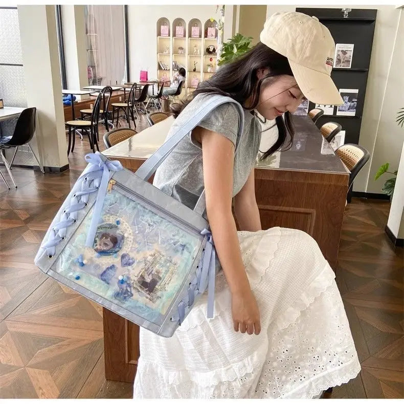 New Versatile Fashion Ribbon Itabag Large Capacity Green Large Food Anime Millet Bag Daily One Shoulder Tote Bag.