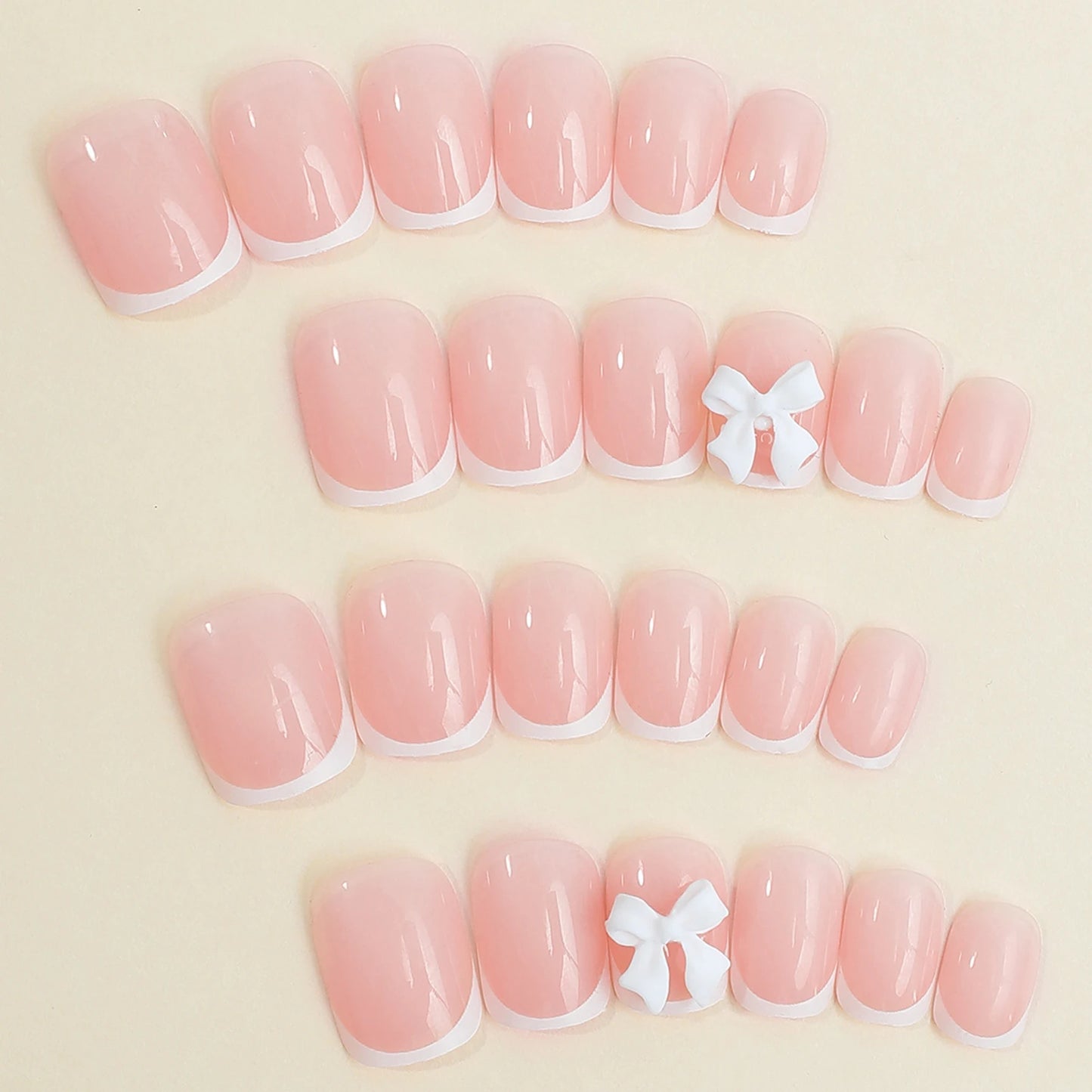 White French Press on Nails 3D Bowknot Fake Nails Tips Full Cover Wearable False Nails for Women and Girls DIY Manicure 24Pcs.