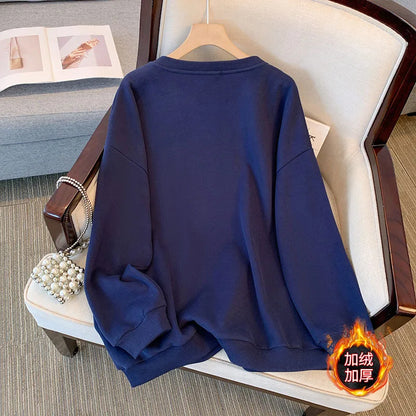 150kg plus size Damen büste Herbst Winter lose Rundhals ausschnitt Fleece warmes Sweatshirt bedrucktes Oberteil blau 5xl 6xl 7xl 8xl 9xl