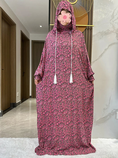 New Ramadan Muslim Two Hats Abaya Dubai Turkey Islam Prayer Clothes Floral Cotton Long Dress Islam Women Dress Kaftan